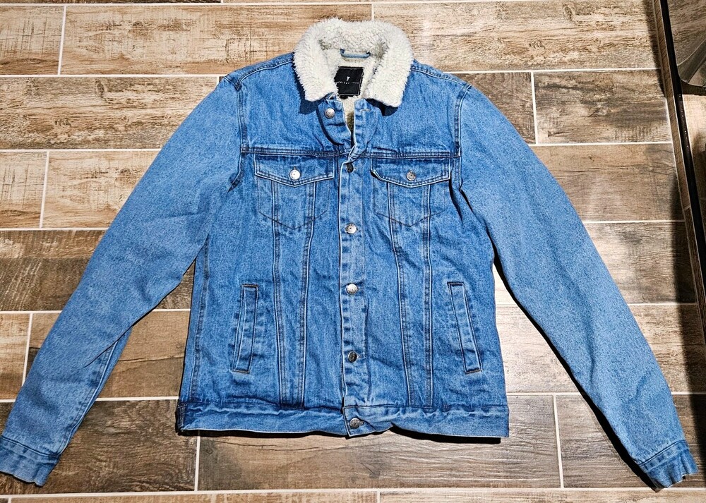 American Tall Men's Trucker Jacket Sherpa Lined Blue Cotton Button Size. 187